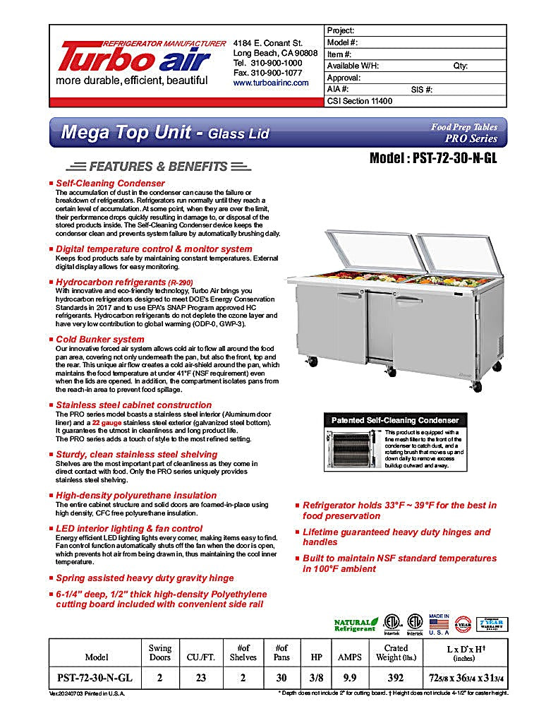 Turbo Air PST-72-30-N-GL 72 5/8" PRO Series Mega Top Sandwich/Salad Prep Table w/ Refrigerated Base - Donut-Equipment.com
