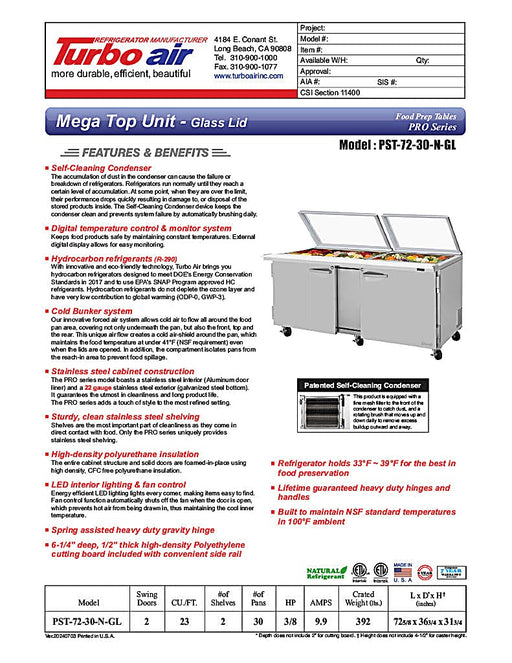 Turbo Air PST-72-30-N-GL 72 5/8" PRO Series Mega Top Sandwich/Salad Prep Table w/ Refrigerated Base - Donut-Equipment.com