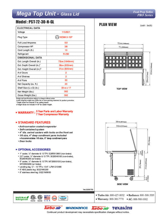 Turbo Air PST-72-30-N-GL 72 5/8" PRO Series Mega Top Sandwich/Salad Prep Table w/ Refrigerated Base - Donut-Equipment.com