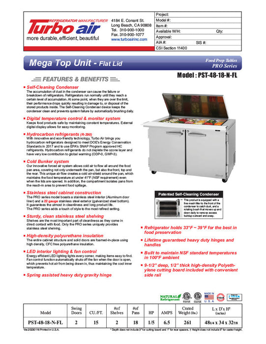 Turbo Air PST-48-18-N-FL 48 1/4" PRO Series Mega Top Sandwich/Salad Prep Table w/ Refrigerated Base - Donut-Equipment.com