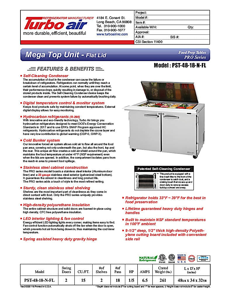 Turbo Air PST-48-18-N-FL 48 1/4" PRO Series Mega Top Sandwich/Salad Prep Table w/ Refrigerated Base - Donut-Equipment.com