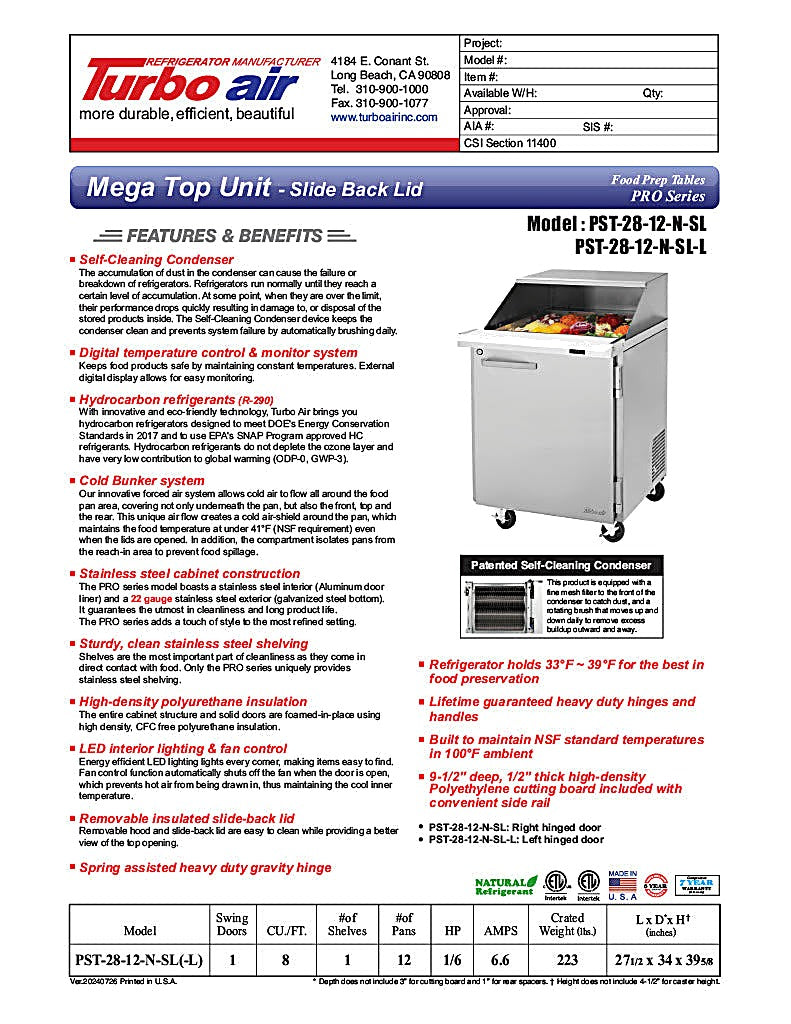 Turbo Air PST-28-12-N-SL 27 1/2" PRO Series Mega Top Sandwich/Salad Prep Table w/ Refrigerated Base - Donut-Equipment.com