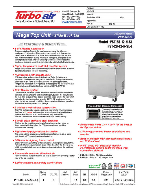 Turbo Air PST-28-12-N-SL 27 1/2" PRO Series Mega Top Sandwich/Salad Prep Table w/ Refrigerated Base - Donut-Equipment.com
