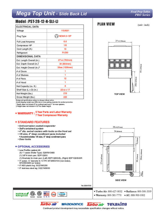 Turbo Air PST-28-12-N-SL 27 1/2" PRO Series Mega Top Sandwich/Salad Prep Table w/ Refrigerated Base - Donut-Equipment.com