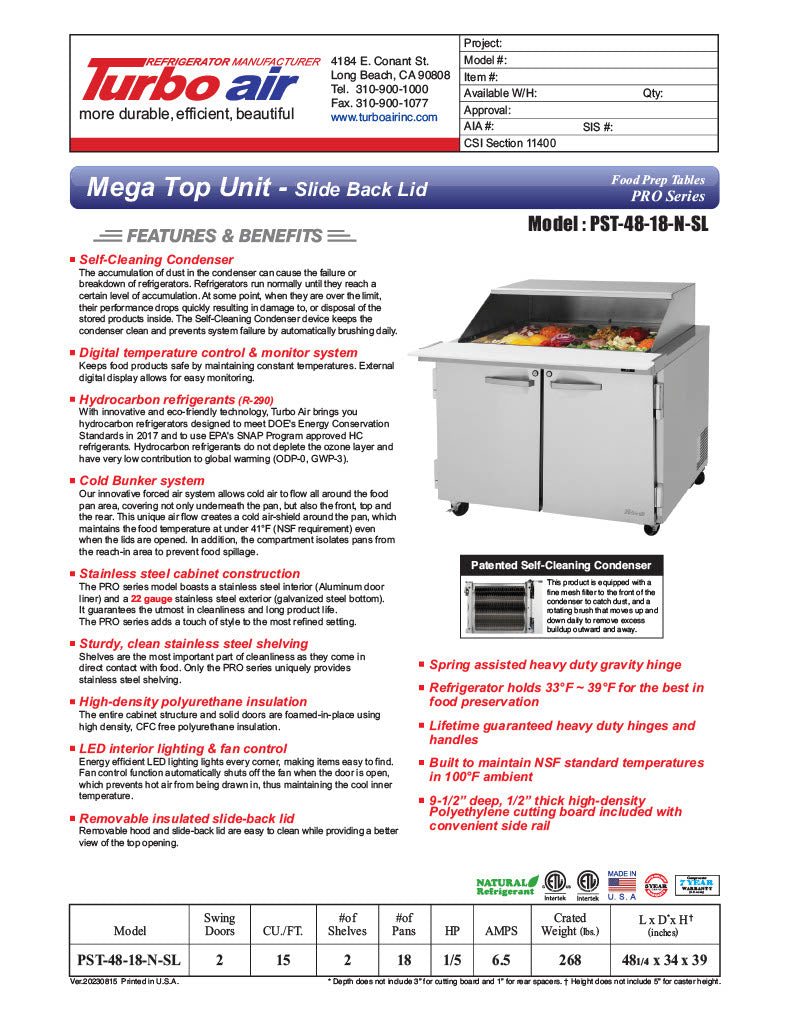 Turbo Air PST-48-18-N-SL 48 1/4" PRO Series Mega Top Sandwich/Salad Prep Table w/ Refrigerated Base - Donut-Equipment.com