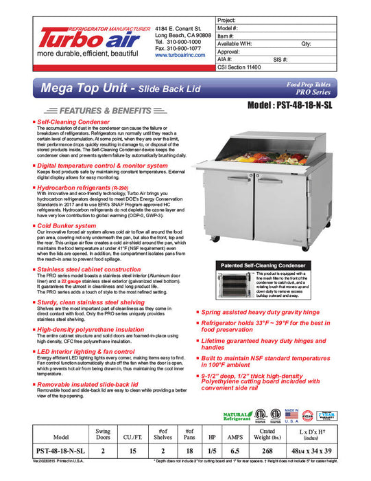 Turbo Air PST-48-18-N-SL 48 1/4" PRO Series Mega Top Sandwich/Salad Prep Table w/ Refrigerated Base - Donut-Equipment.com
