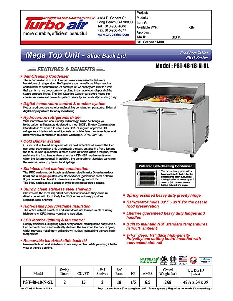 Turbo Air PST-48-18-N-SL 48 1/4" PRO Series Mega Top Sandwich/Salad Prep Table w/ Refrigerated Base - Donut-Equipment.com