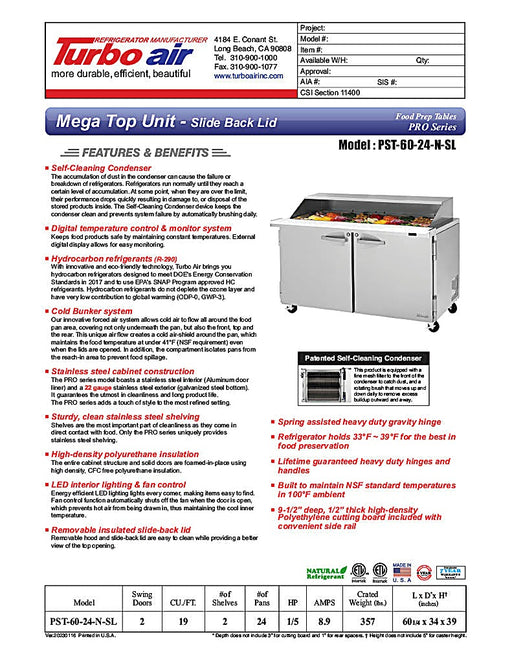Turbo Air PST-60-24-N-SL 60 1/4" PRO Series Mega Top Sandwich/Salad Prep Table w/ Refrigerated Base - Donut-Equipment.com