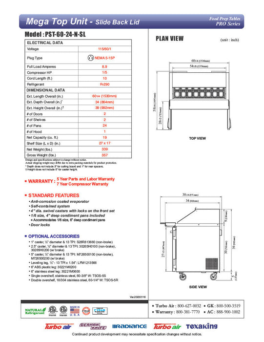 Turbo Air PST-60-24-N-SL 60 1/4" PRO Series Mega Top Sandwich/Salad Prep Table w/ Refrigerated Base - Donut-Equipment.com