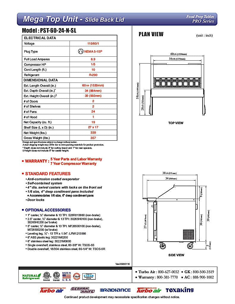 Turbo Air PST-60-24-N-SL 60 1/4" PRO Series Mega Top Sandwich/Salad Prep Table w/ Refrigerated Base - Donut-Equipment.com