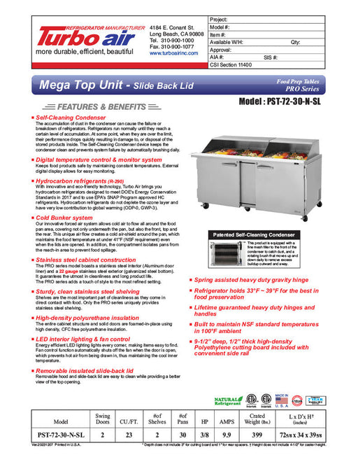 Turbo Air PST-72-30-N-SL 72 5/8" PRO Series Mega Top Sandwich/Salad Prep Table w/ Refrigerated Base - Donut-Equipment.com