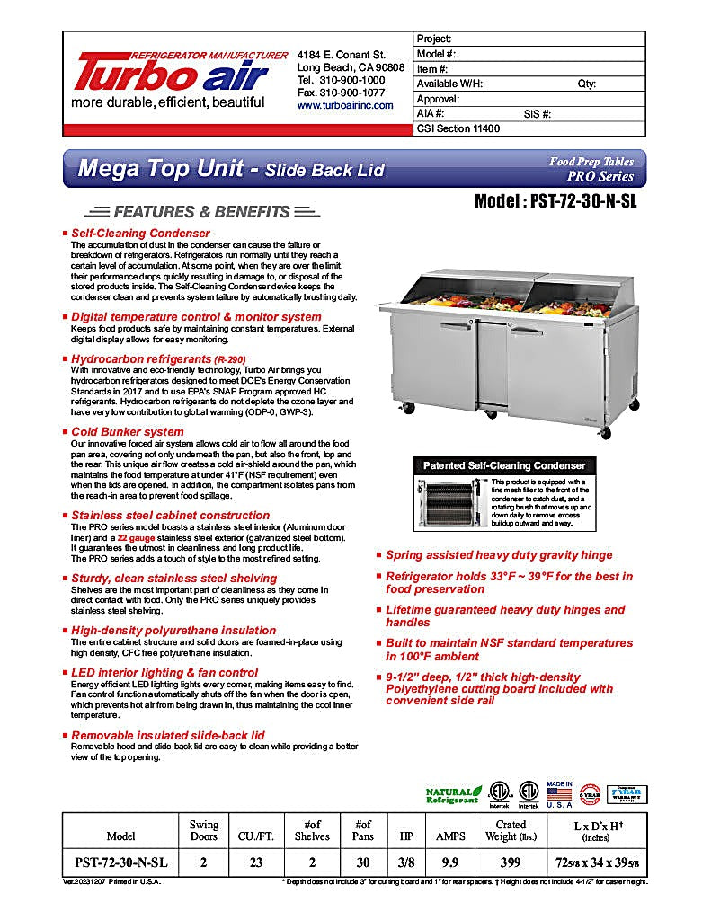 Turbo Air PST-72-30-N-SL 72 5/8" PRO Series Mega Top Sandwich/Salad Prep Table w/ Refrigerated Base - Donut-Equipment.com