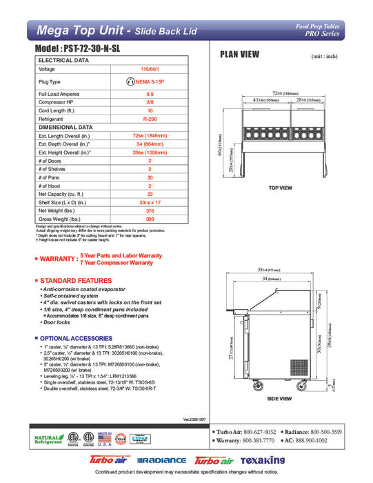 Turbo Air PST-72-30-N-SL 72 5/8" PRO Series Mega Top Sandwich/Salad Prep Table w/ Refrigerated Base - Donut-Equipment.com