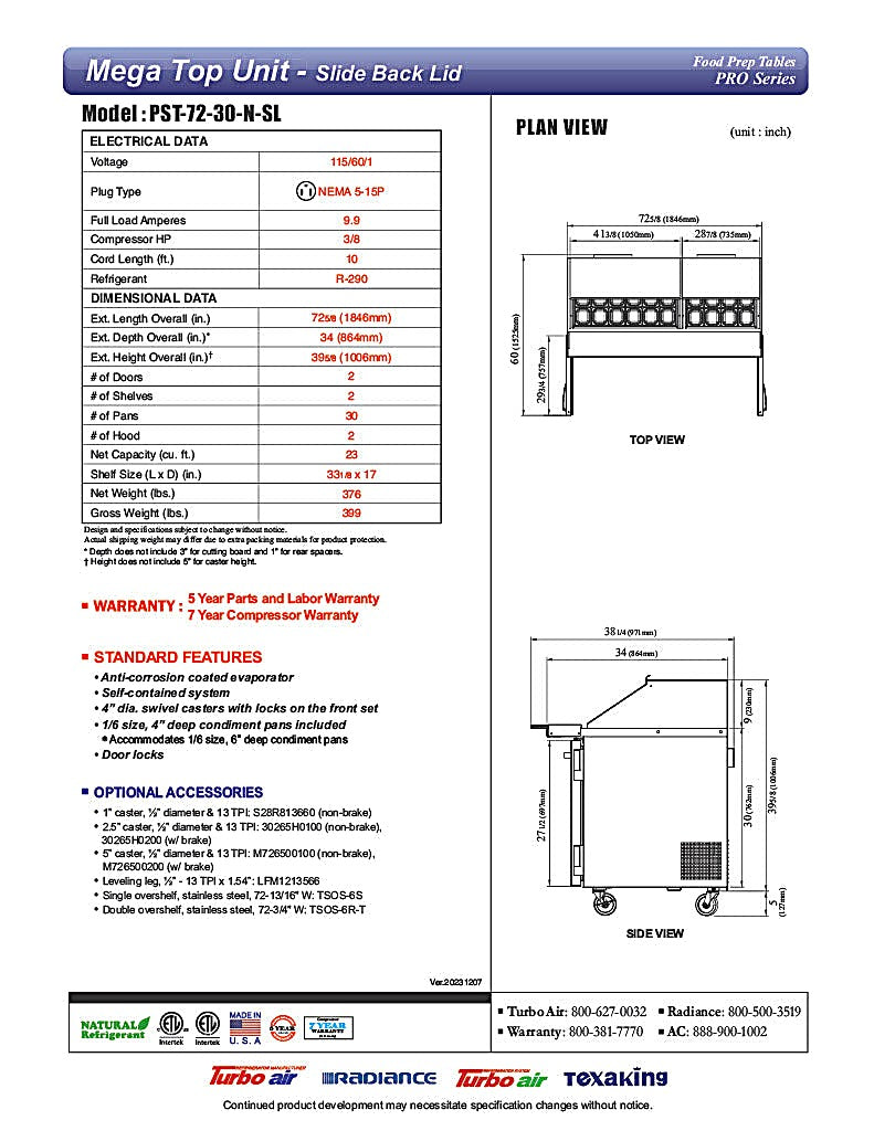 Turbo Air PST-72-30-N-SL 72 5/8" PRO Series Mega Top Sandwich/Salad Prep Table w/ Refrigerated Base - Donut-Equipment.com