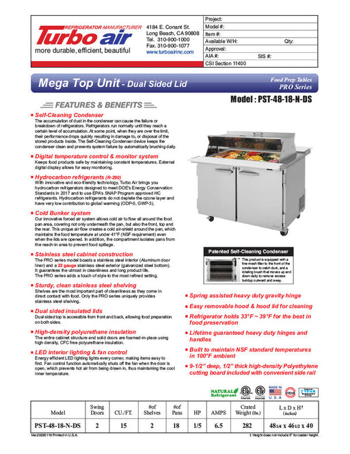 Turbo Air PST-48-18-N-DS 48 1/4" PRO Series Mega Top Dual Sided Sandwich/Salad Prep Table w/ Refrigerated Base - Donut-Equipment.com