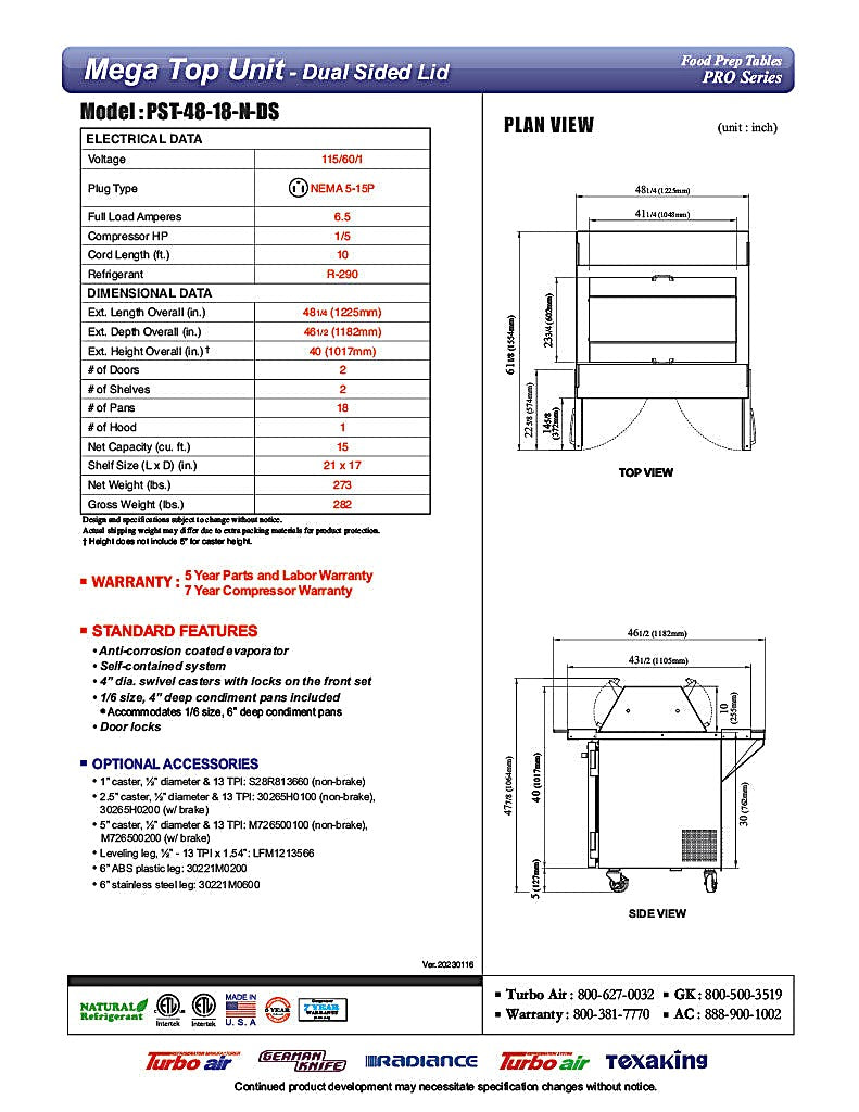 Turbo Air PST-48-18-N-DS 48 1/4" PRO Series Mega Top Dual Sided Sandwich/Salad Prep Table w/ Refrigerated Base - Donut-Equipment.com