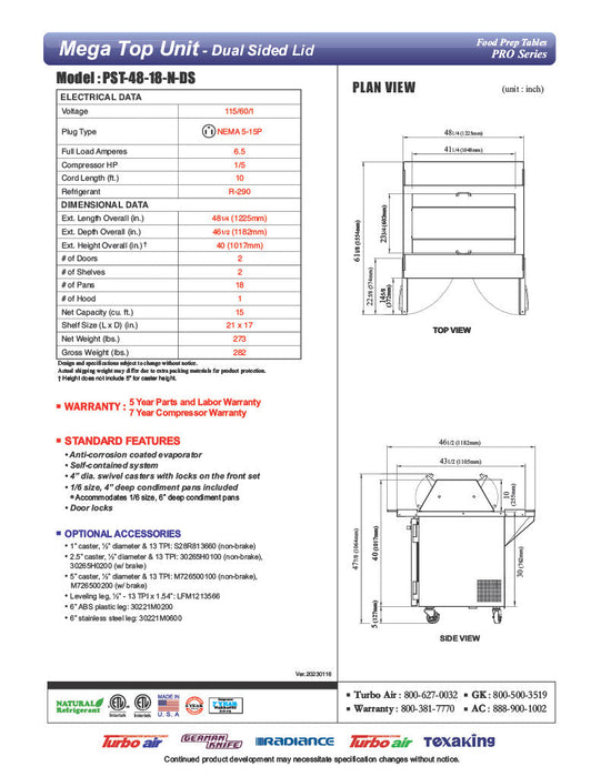 Turbo Air PST-48-18-N-DS 48 1/4" PRO Series Mega Top Dual Sided Sandwich/Salad Prep Table w/ Refrigerated Base - Donut-Equipment.com