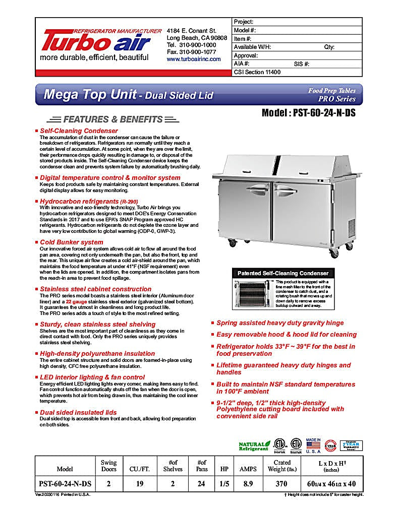 Turbo Air PST-60-24-N-DS 60 1/4" PRO Series Mega Top Dual Sided Sandwich/Salad Prep Table w/ Refrigerated Base - Donut-Equipment.com