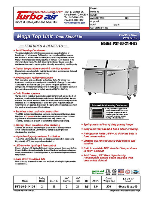 Turbo Air PST-60-24-N-DS 60 1/4" PRO Series Mega Top Dual Sided Sandwich/Salad Prep Table w/ Refrigerated Base - Donut-Equipment.com