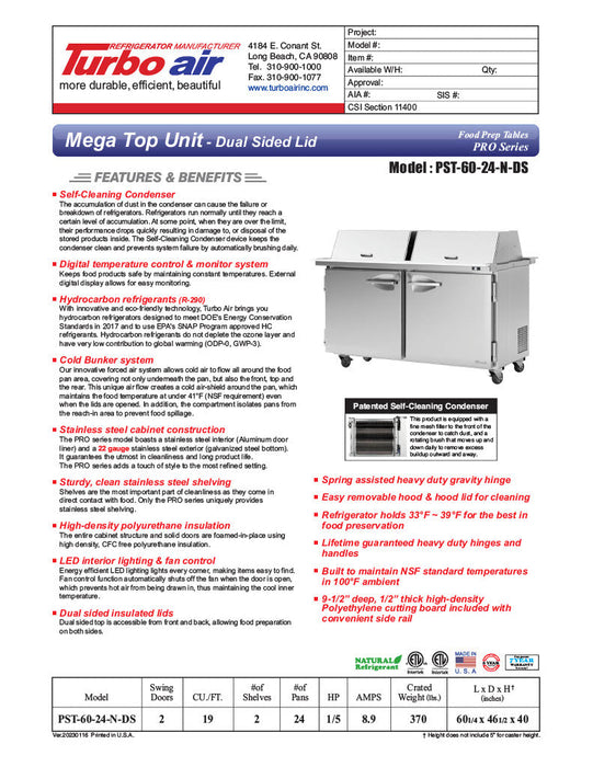 Turbo Air PST-60-24-N-DS 60 1/4" PRO Series Mega Top Dual Sided Sandwich/Salad Prep Table w/ Refrigerated Base - Donut-Equipment.com