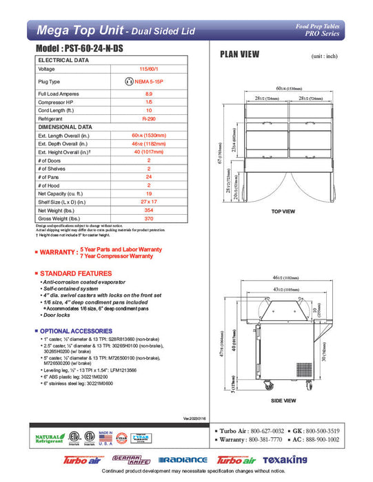 Turbo Air PST-60-24-N-DS 60 1/4" PRO Series Mega Top Dual Sided Sandwich/Salad Prep Table w/ Refrigerated Base - Donut-Equipment.com