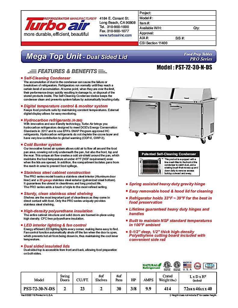 Turbo Air PST-72-30-N-DS 72 5/8" PRO Series Mega Top Dual Sided Sandwich/Salad Prep Table w/ Refrigerated Base - Donut-Equipment.com