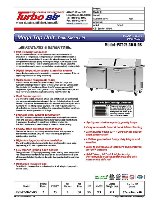 Turbo Air PST-72-30-N-DS 72 5/8" PRO Series Mega Top Dual Sided Sandwich/Salad Prep Table w/ Refrigerated Base - Donut-Equipment.com