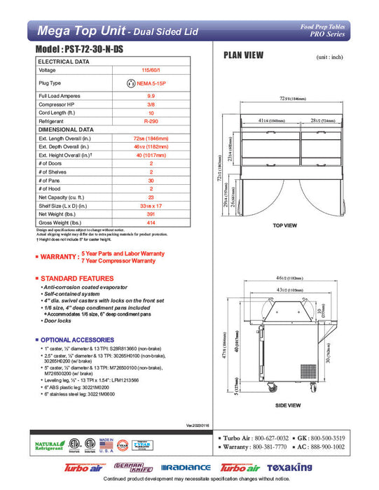 Turbo Air PST-72-30-N-DS 72 5/8" PRO Series Mega Top Dual Sided Sandwich/Salad Prep Table w/ Refrigerated Base - Donut-Equipment.com