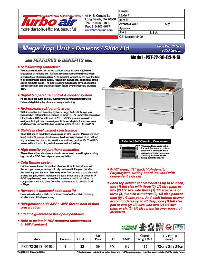 Turbo Air PST-72-30-D4-N-SL PRO Series Sandwich/Salad Prep Table w/ Refrigerated Base - Donut-Equipment.com