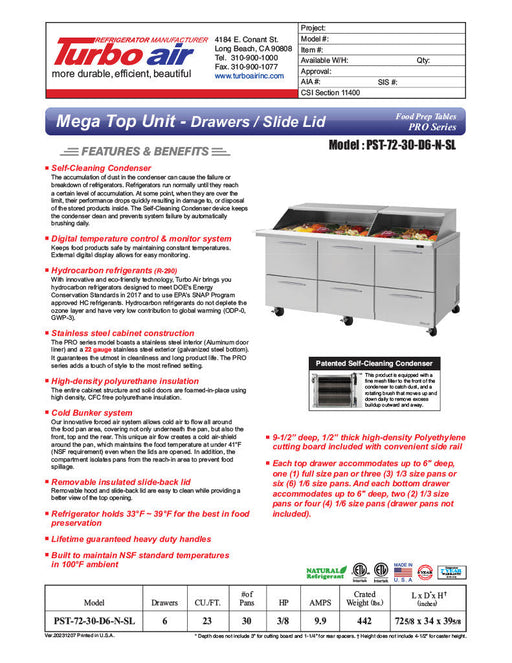 Turbo Air PST-72-30-D6-N-SL 72 5/8" PRO Series Mega Top Sandwich/Salad Prep Table w/ Refrigerated Base - Donut-Equipment.com