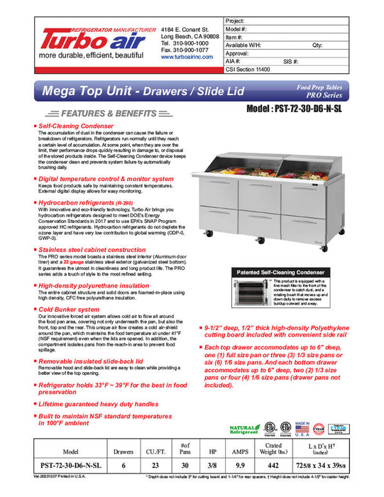 Turbo Air PST-72-30-D6-N-SL 72 5/8" PRO Series Mega Top Sandwich/Salad Prep Table w/ Refrigerated Base - Donut-Equipment.com