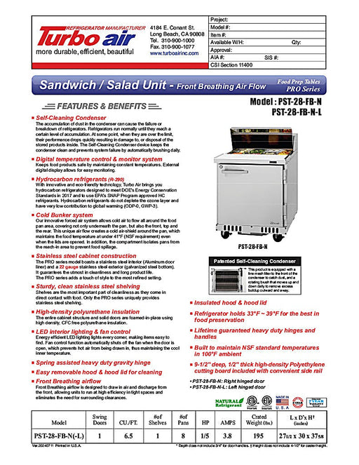 Turbo Air PST-28-FB-N 27 1/2" PRO Series Sandwich/Salad Prep Table w/ Refrigerated Base - Donut-Equipment.com