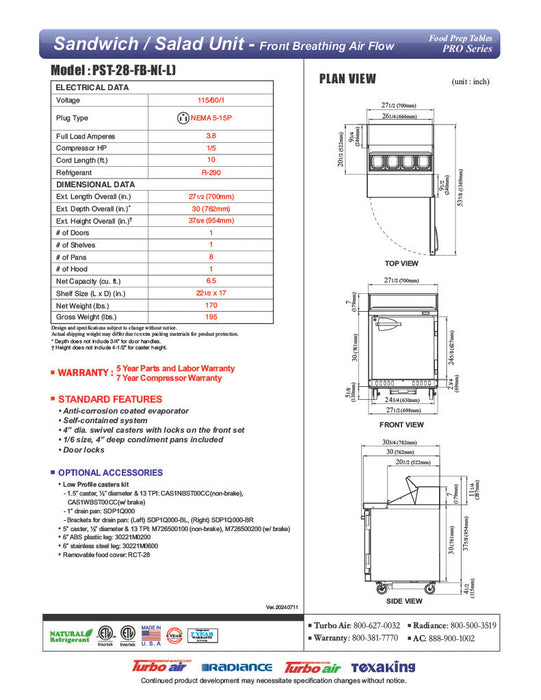 Turbo Air PST-28-FB-N 27 1/2" PRO Series Sandwich/Salad Prep Table w/ Refrigerated Base - Donut-Equipment.com