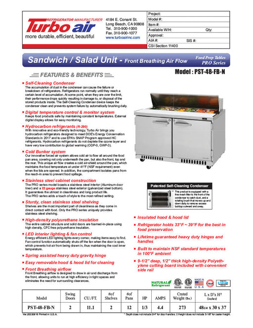 Turbo Air PST-48-FB-N 48 1/4" PRO Series Sandwich/Salad Prep Table w/ Refrigerated Base - Donut-Equipment.com