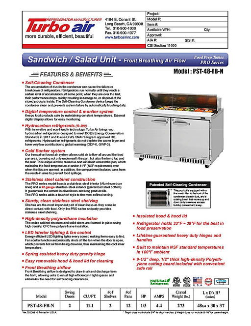 Turbo Air PST-48-FB-N 48 1/4" PRO Series Sandwich/Salad Prep Table w/ Refrigerated Base - Donut-Equipment.com