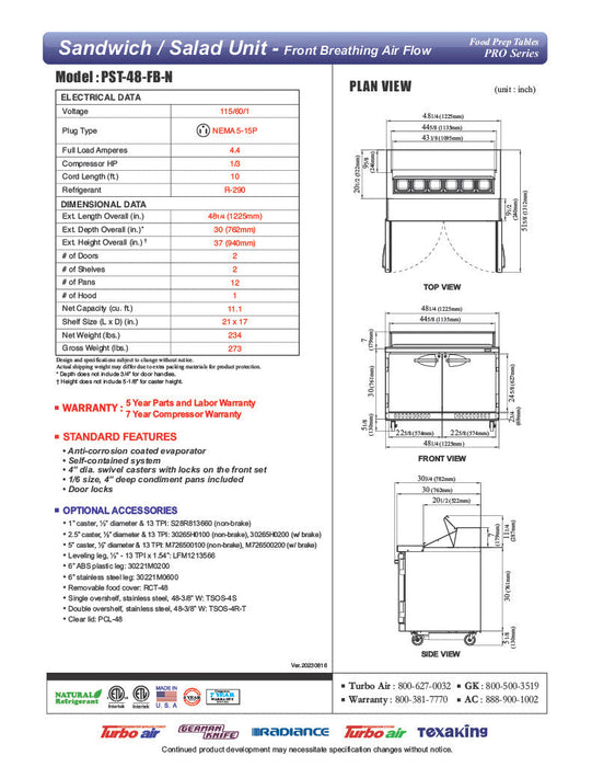 Turbo Air PST-48-FB-N 48 1/4" PRO Series Sandwich/Salad Prep Table w/ Refrigerated Base - Donut-Equipment.com