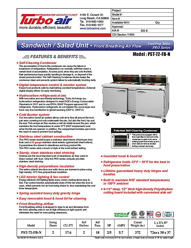 Turbo Air PST-72-FB-N 72 5/8" PRO Series Sandwich/Salad Prep Table w/ Refrigerated Base - Donut-Equipment.com