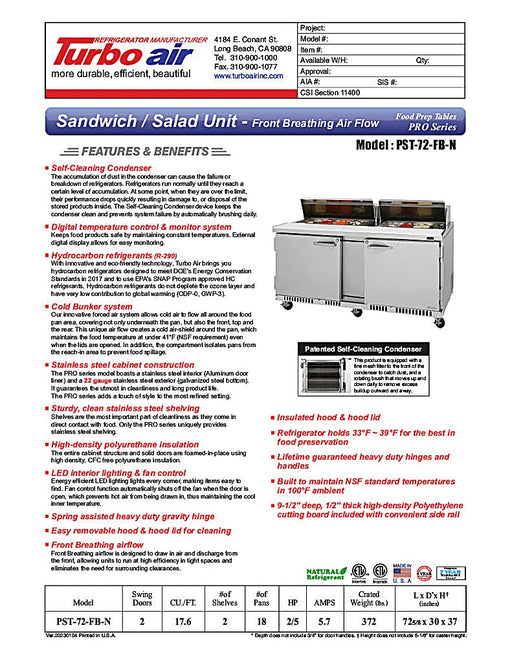 Turbo Air PST-72-FB-N 72 5/8" PRO Series Sandwich/Salad Prep Table w/ Refrigerated Base - Donut-Equipment.com