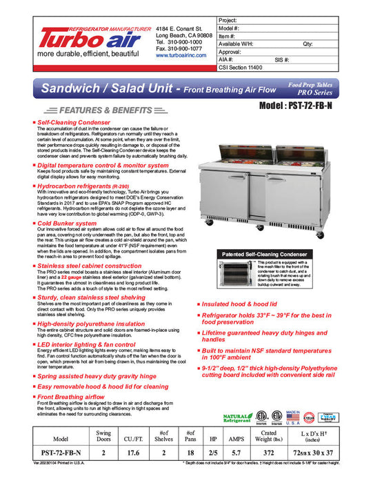 Turbo Air PST-72-FB-N 72 5/8" PRO Series Sandwich/Salad Prep Table w/ Refrigerated Base - Donut-Equipment.com
