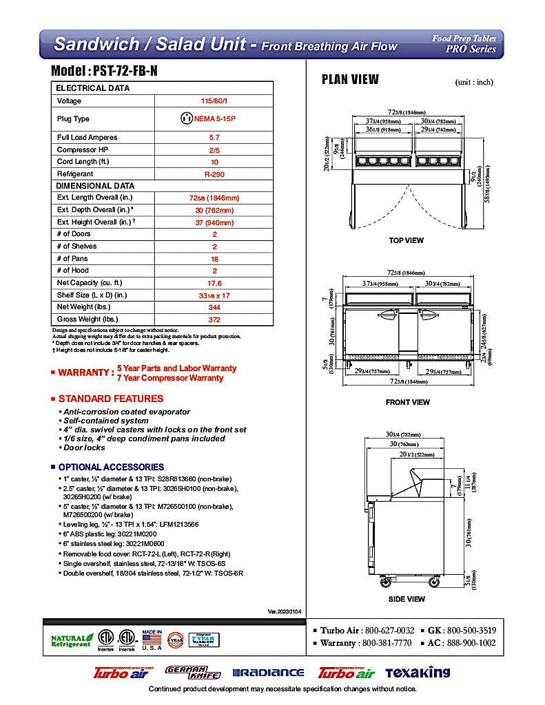 Turbo Air PST-72-FB-N 72 5/8" PRO Series Sandwich/Salad Prep Table w/ Refrigerated Base - Donut-Equipment.com