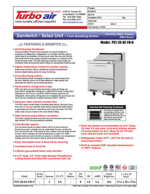 Turbo Air PST-28-D2-FB-N 27 1/2" PRO Series Sandwich/Salad Prep Table w/ Refrigerated Base - Donut-Equipment.com