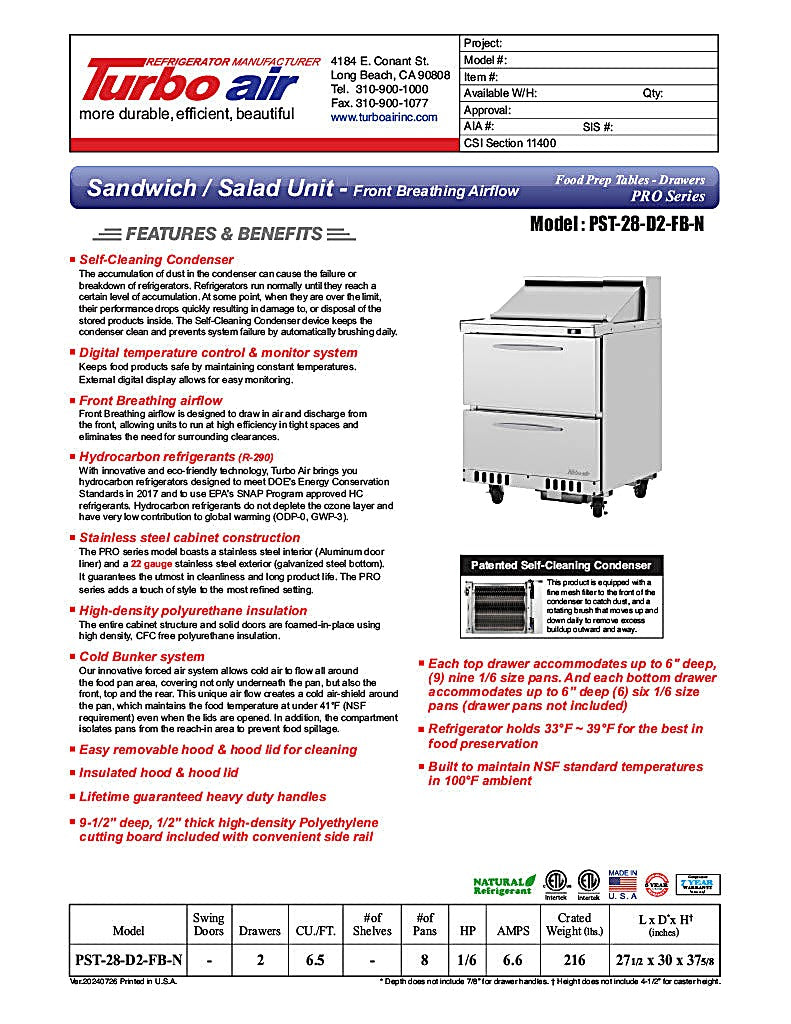 Turbo Air PST-28-D2-FB-N 27 1/2" PRO Series Sandwich/Salad Prep Table w/ Refrigerated Base - Donut-Equipment.com