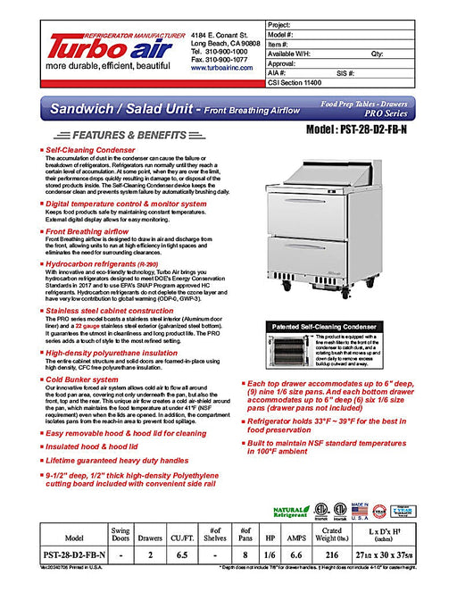 Turbo Air PST-28-D2-FB-N 27 1/2" PRO Series Sandwich/Salad Prep Table w/ Refrigerated Base - Donut-Equipment.com