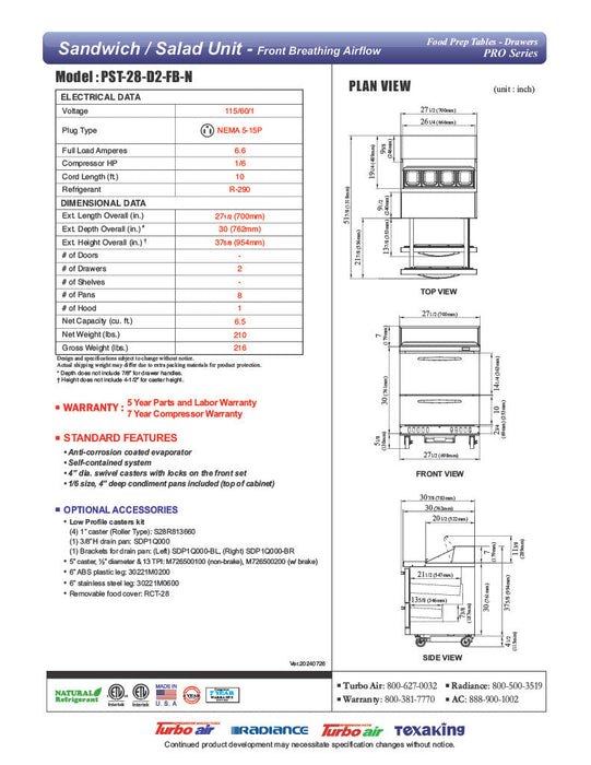 Turbo Air PST-28-D2-FB-N 27 1/2" PRO Series Sandwich/Salad Prep Table w/ Refrigerated Base - Donut-Equipment.com