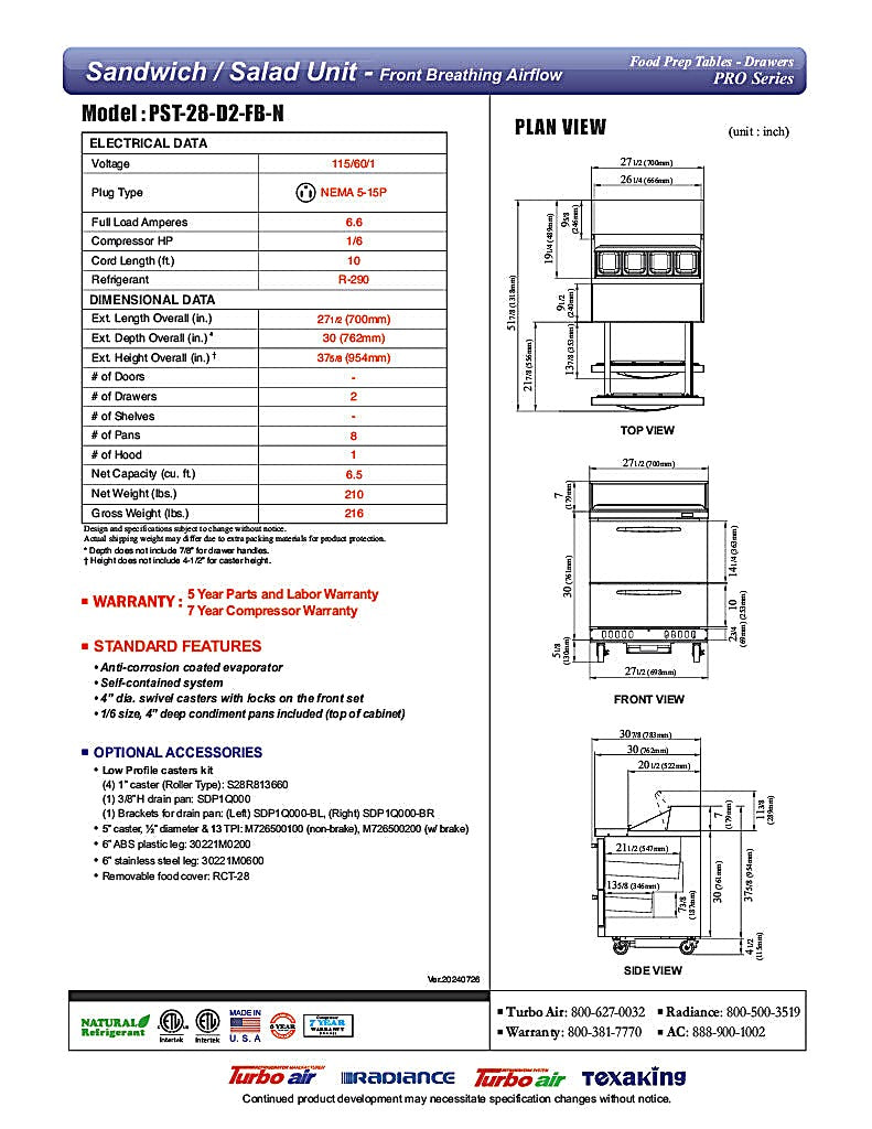Turbo Air PST-28-D2-FB-N 27 1/2" PRO Series Sandwich/Salad Prep Table w/ Refrigerated Base - Donut-Equipment.com