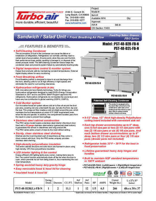 Turbo Air PST-48-D2R(L)-FB-N 27 1/2" PRO Series Sandwich/Salad Prep Table w/ Refrigerated Base - Donut-Equipment.com