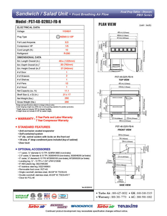 Turbo Air PST-48-D2R(L)-FB-N 27 1/2" PRO Series Sandwich/Salad Prep Table w/ Refrigerated Base - Donut-Equipment.com