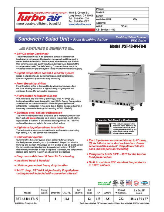 Turbo Air PST-48-D4-FB-N 48 1/4" PRO Series Sandwich/Salad Prep Table w/ Refrigerated Base - Donut-Equipment.com