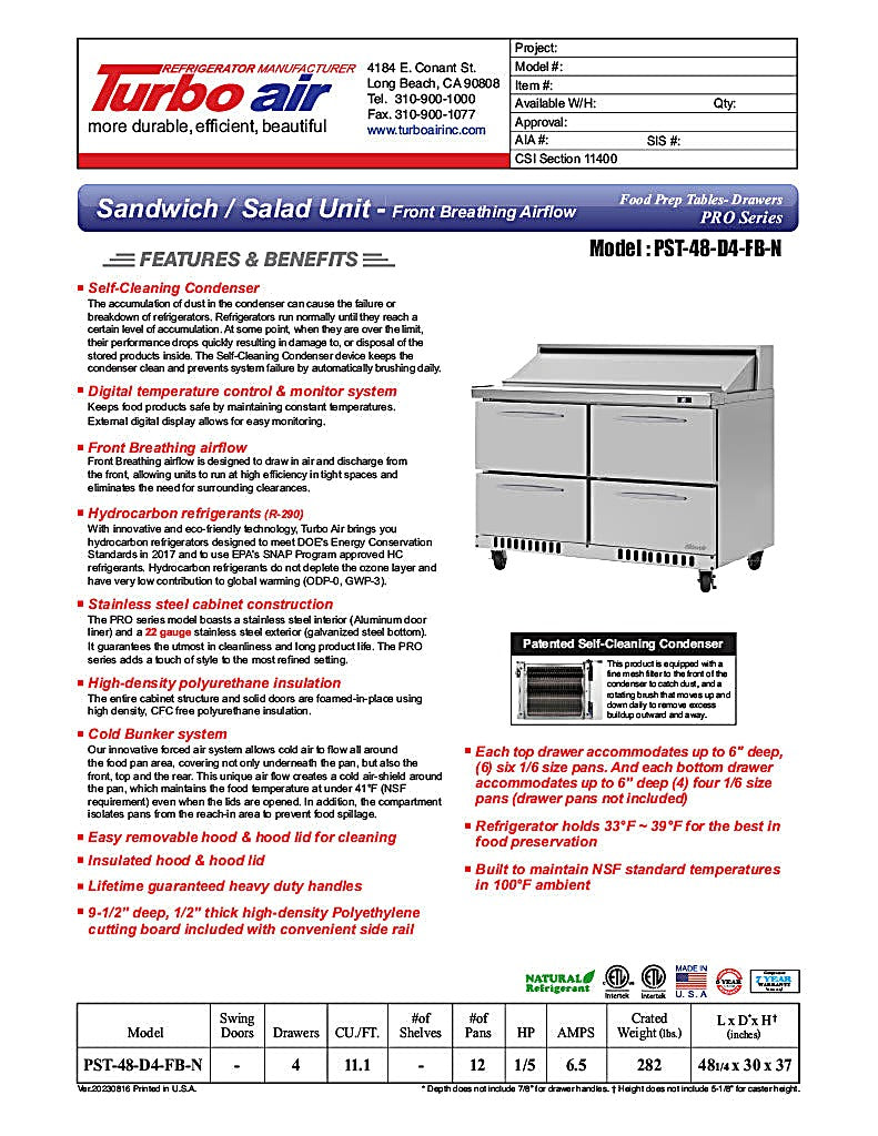 Turbo Air PST-48-D4-FB-N 48 1/4" PRO Series Sandwich/Salad Prep Table w/ Refrigerated Base - Donut-Equipment.com