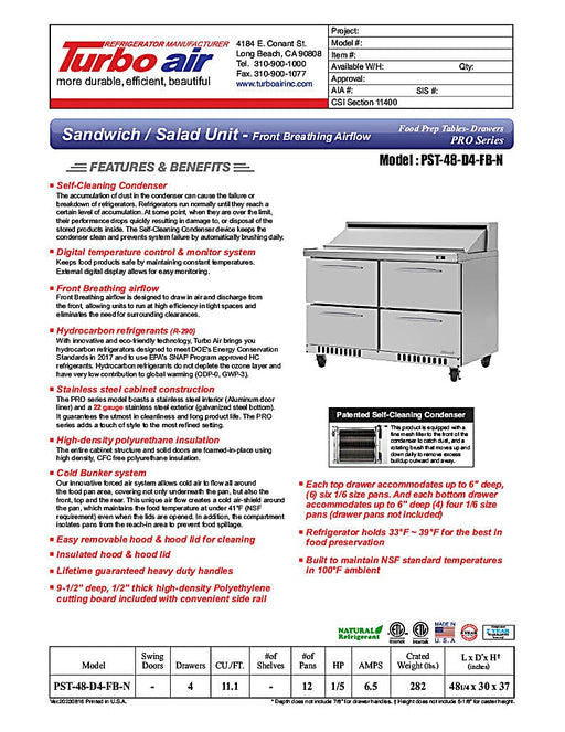 Turbo Air PST-48-D4-FB-N 48 1/4" PRO Series Sandwich/Salad Prep Table w/ Refrigerated Base - Donut-Equipment.com